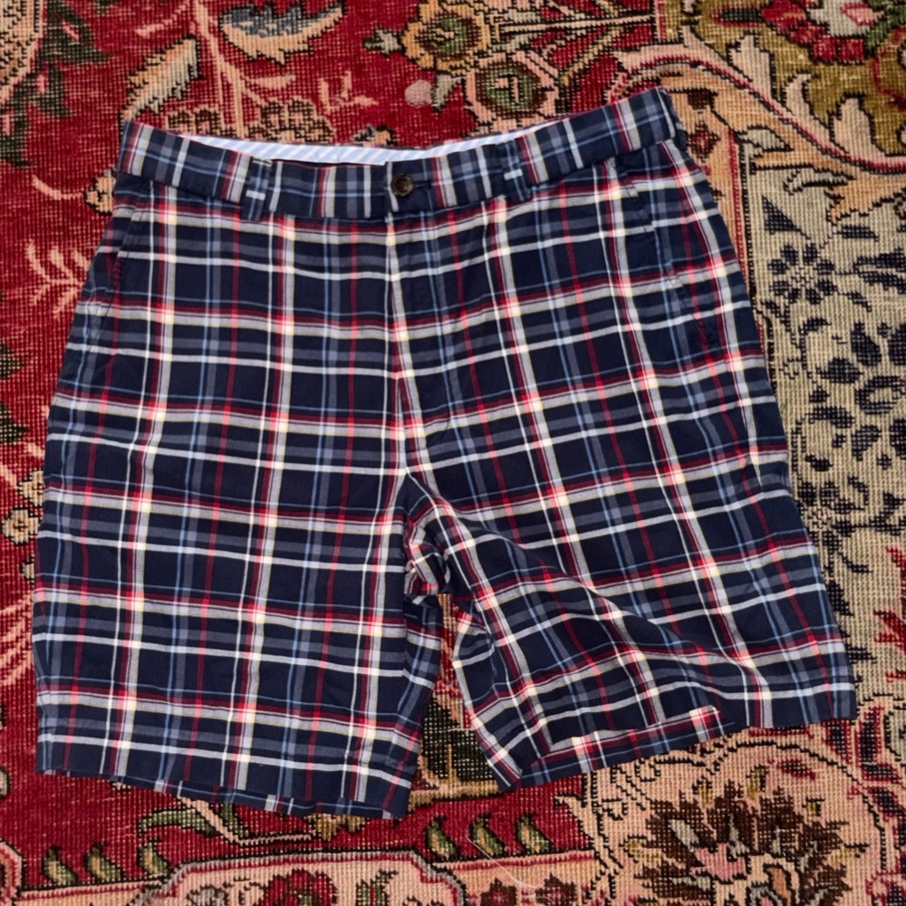 Brooks Brothers Bermuda Shorts Mens 35 Navy Blue Red Plaid Excellent Cotton Flat